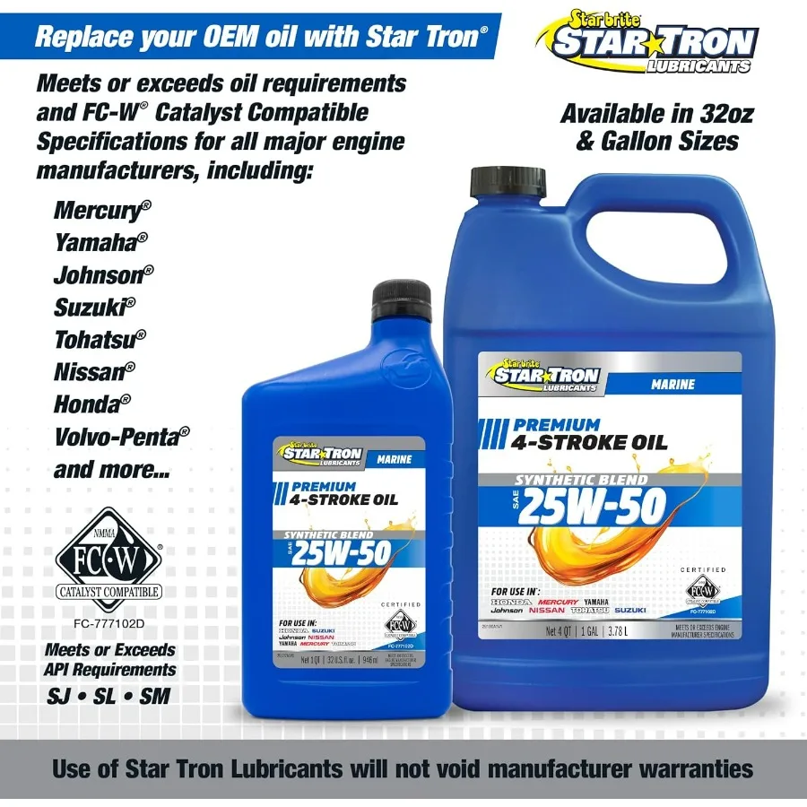 زيت المحرك Star Tron Premium 4-Stroke SAE 25W-50، مزيج صناعي، معتمد من FC-W، درجة بحرية #5