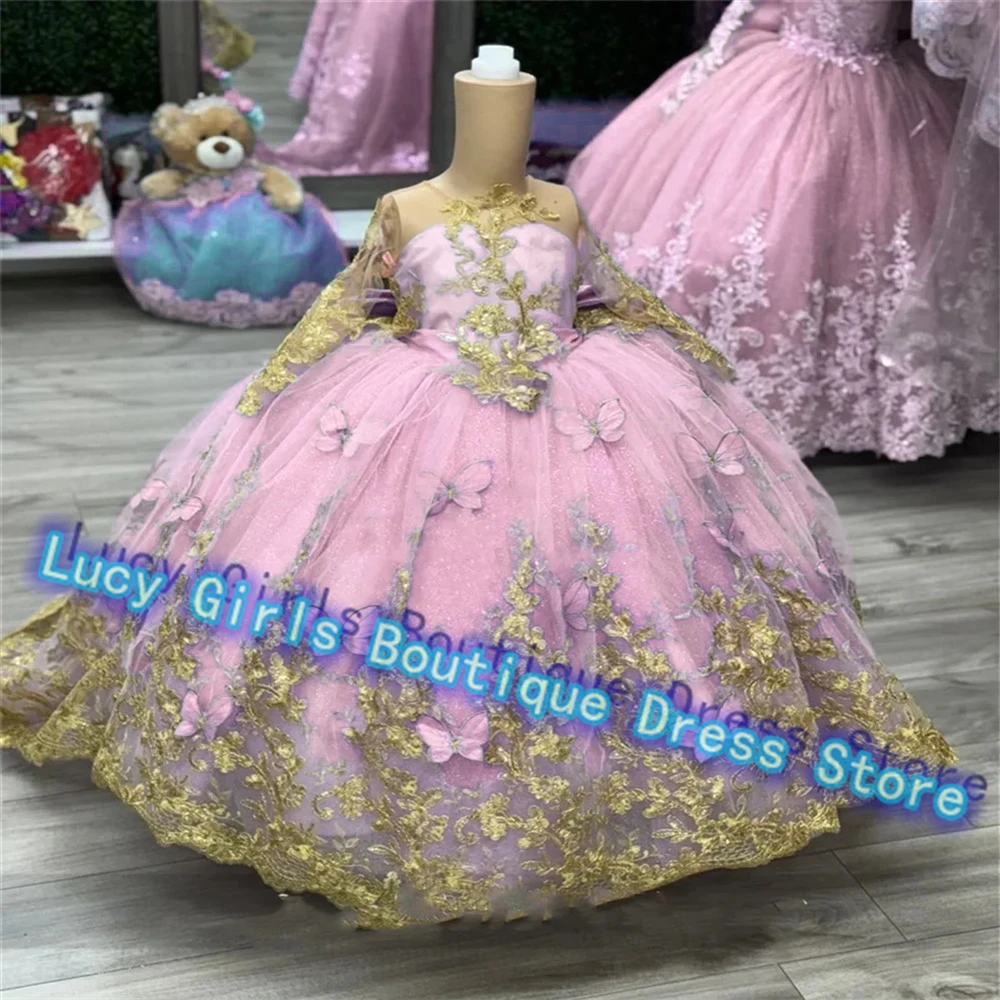 Flower Girl Dress Lavender Tulle Fluffy Gold Applique Princess Banquet Little Girls Birthday Party Evening Customise Dresses