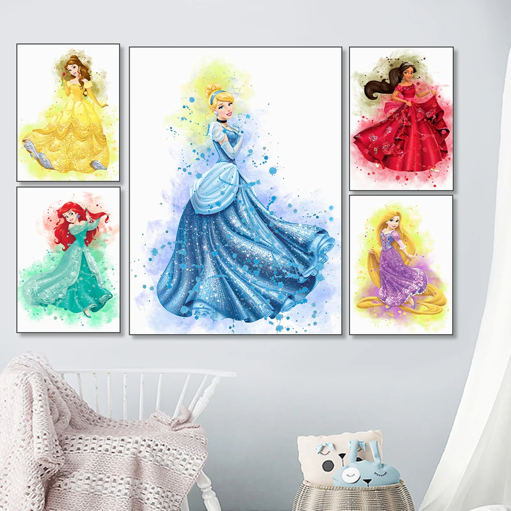 

Miniso Disney Princess Castle Watercolor Printing Poster Fairy Tales Canvas Painting Decor Living Room Home Decoration Girl Gift