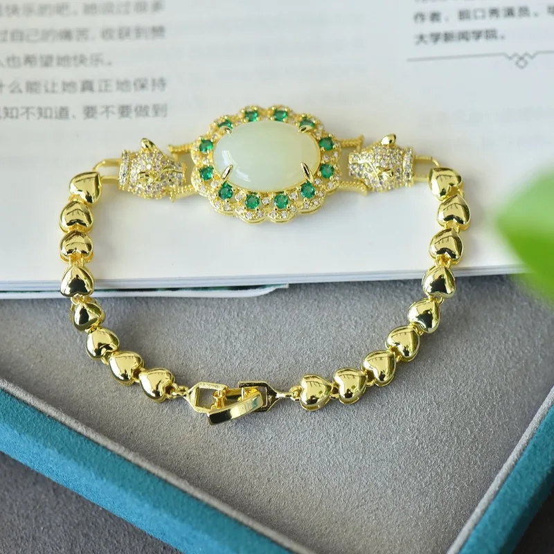 Copper Inlaid Natural Hetian Jade Egg Surface Leopard Head Heart Bracelet Temperament Beautiful Women Bracelet