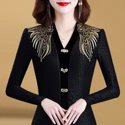 2022 Autumn Winter Women's Clothing Long Sleeve Tops Fleece V-Neck Diamonds Button Slim Printed Korean T-shirt Fashion Elegant