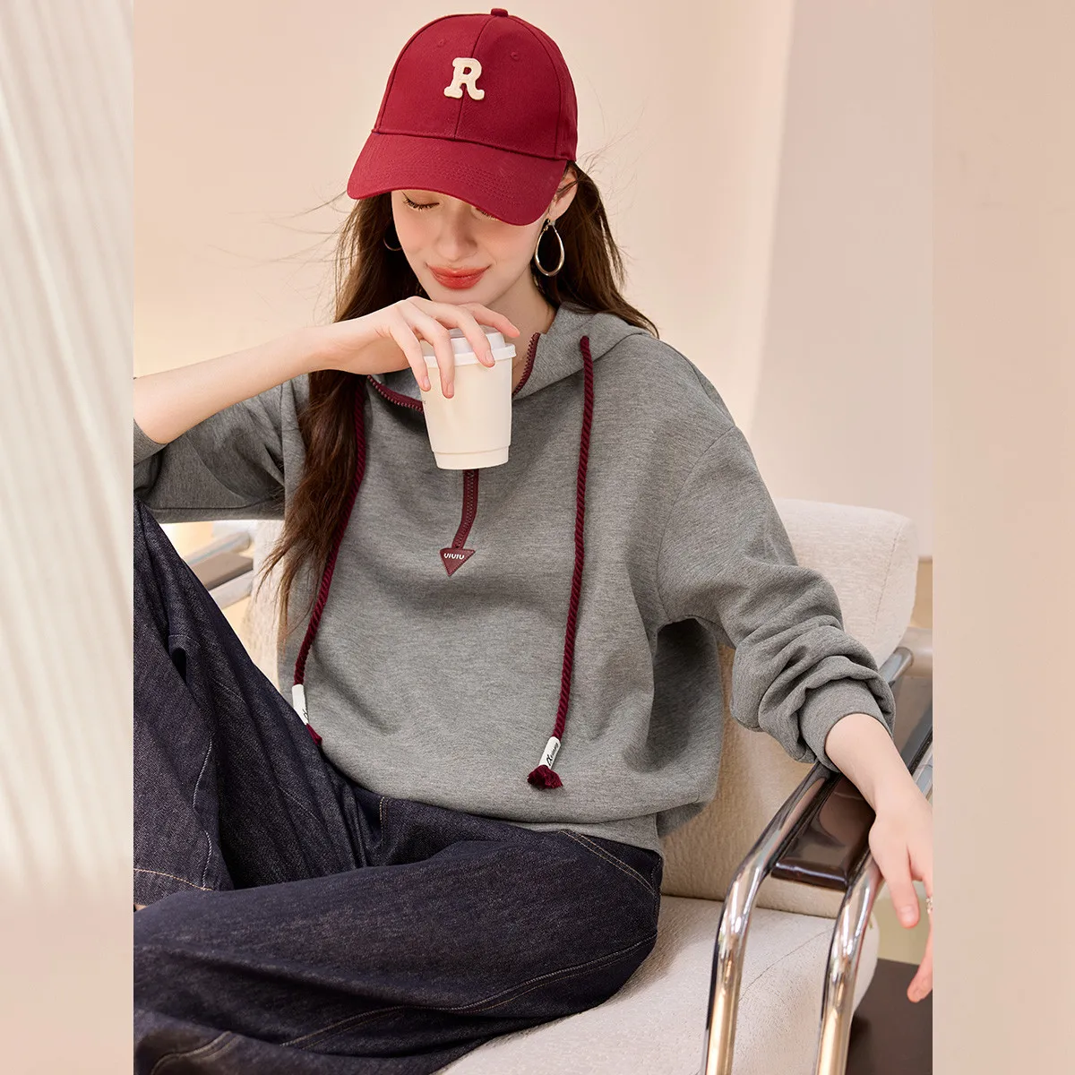 LOUIS YAO Contrast-Color Zipper Design Women's Hoodies 2025 Autumn Casual Oversized Drop-Shoulder Knit Sweatshirts Chic Wear