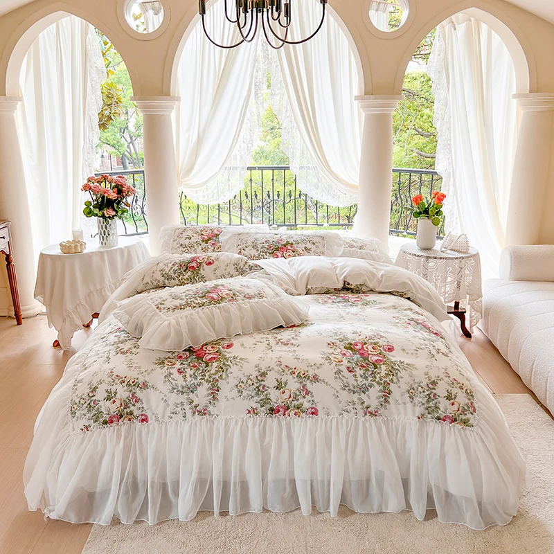 4/6Pcs Rose Flowers Print Bedding Set Korean Style 100%Cotton Princess Lace Ruffles Duvet Cover Bed Skirt Bedspread Pillowcases