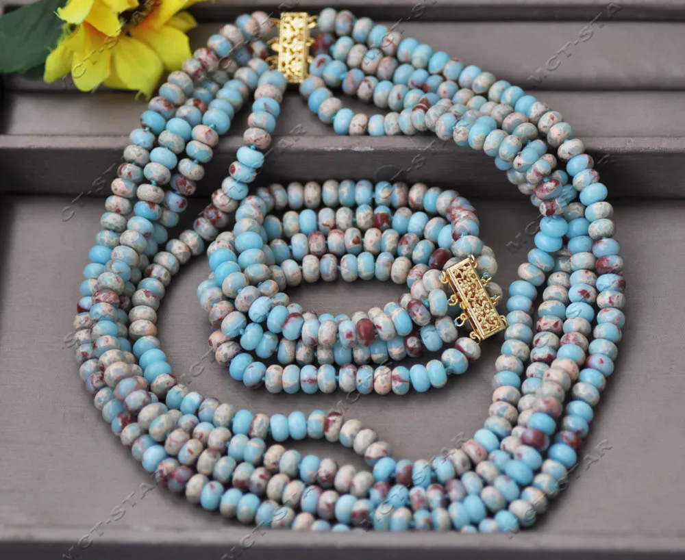 Z13394 Set 4Row 8mm Rondelle Blue Red Natural Shoushan Stone Necklace Bracelet Custom Jewelry