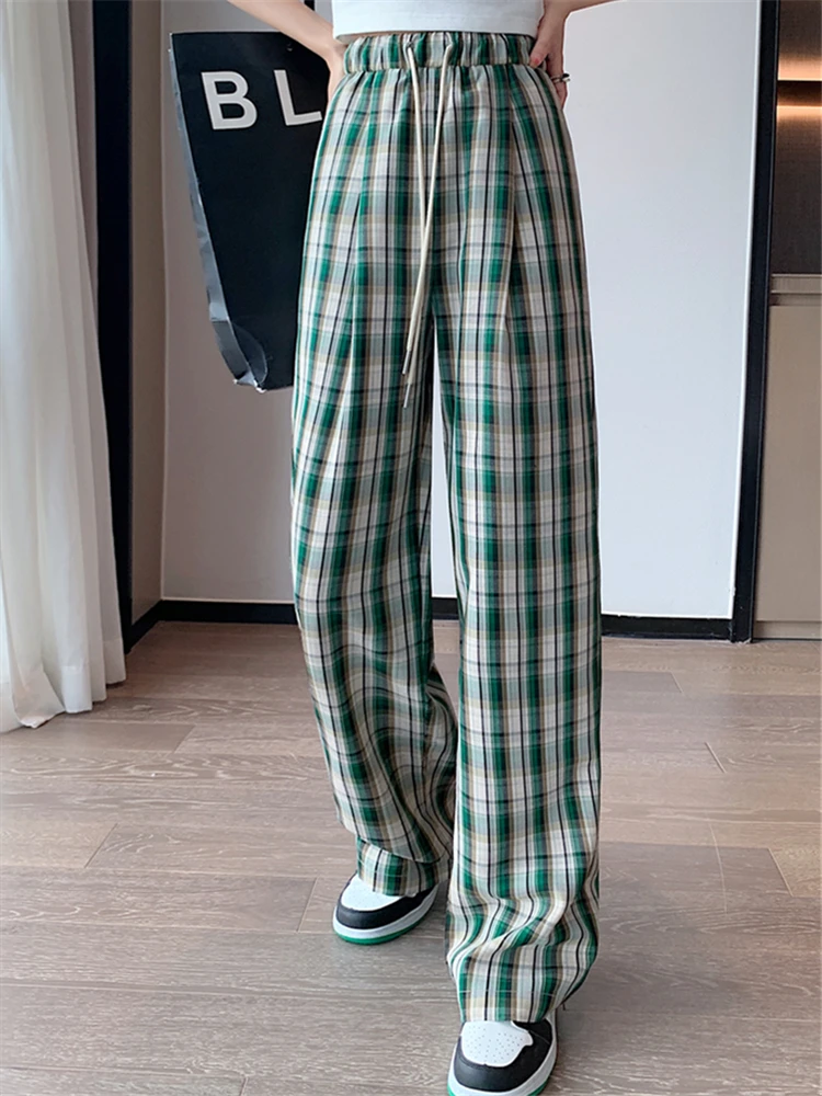 REALEFT 2023 Summer Cotton Linen Plaid Women's Wide Leg Pants High Waist Casual Lace Up Classic Loose Pants for Women Trousers