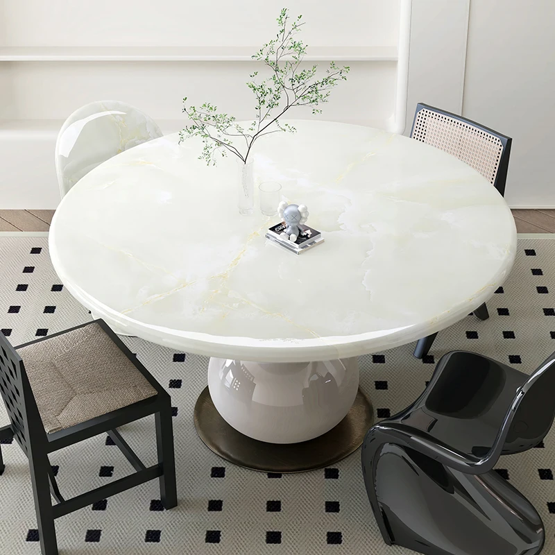 

Обеденный стол из белого ледяного нефрита, светлый роскошный мраморный круглый стол для маленькой квартиры с поворотным столом, бытовой кремовый круглый стол с ветром