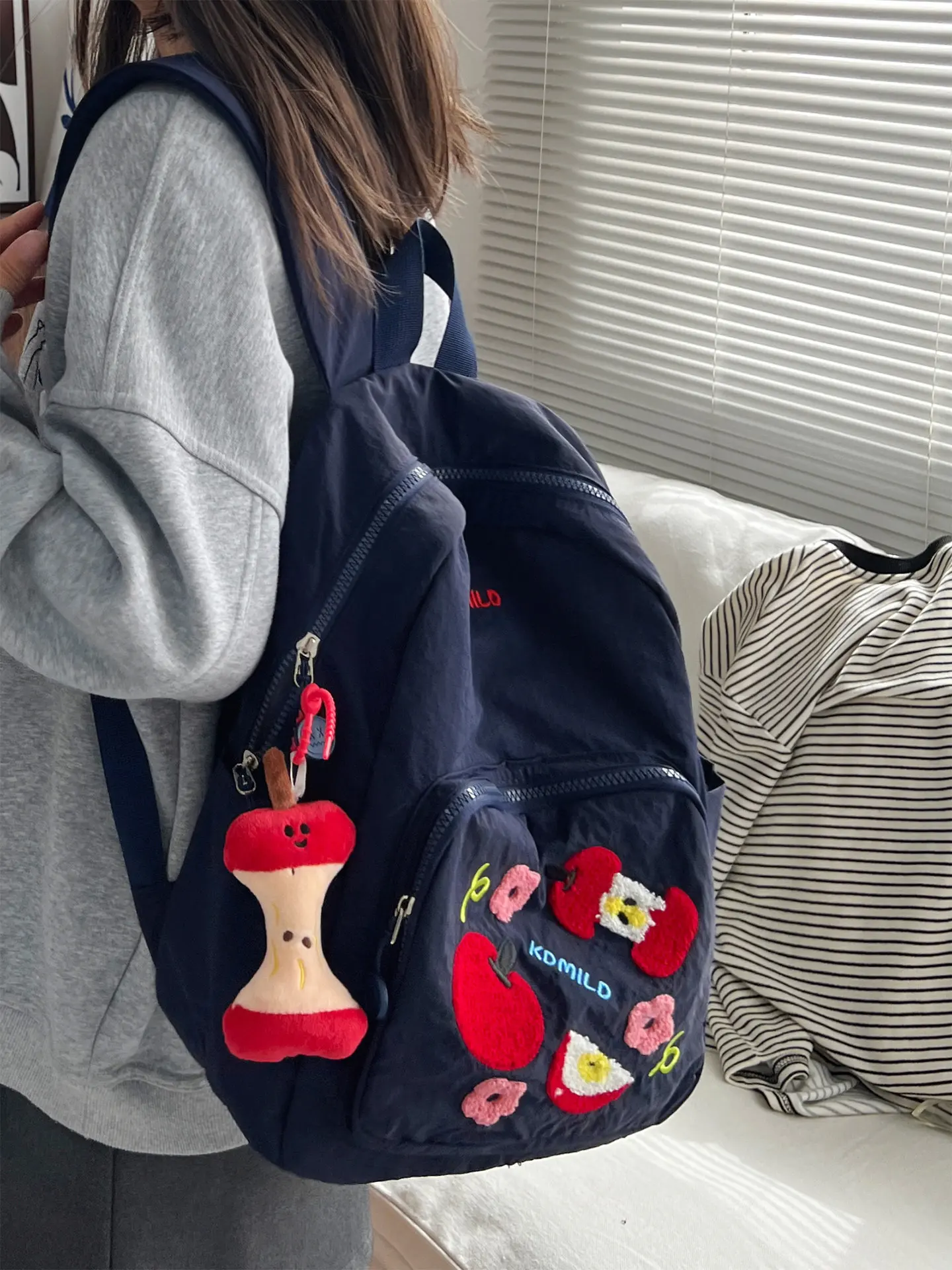 Cartoon Cute Apple Embroidery Backpack Japanese Style Lightweight Large Capacity Casual Backpack Fashion Women Handbag