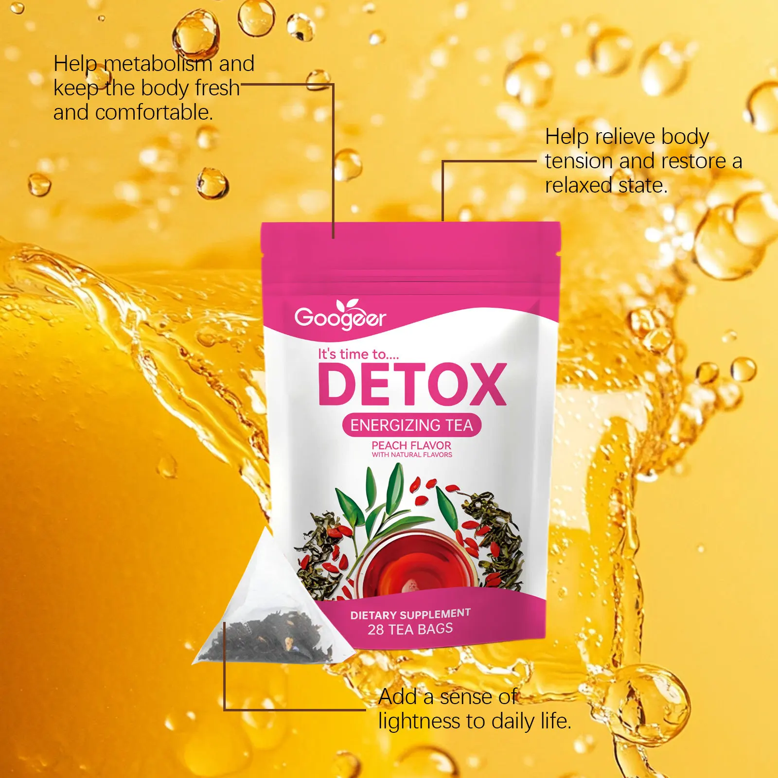 Detox Cleanse Tea - Body Treatment Energizing Tea - Peach Flavor Support Fat Burning, Belly Fat, Body Detox - 28 teabags