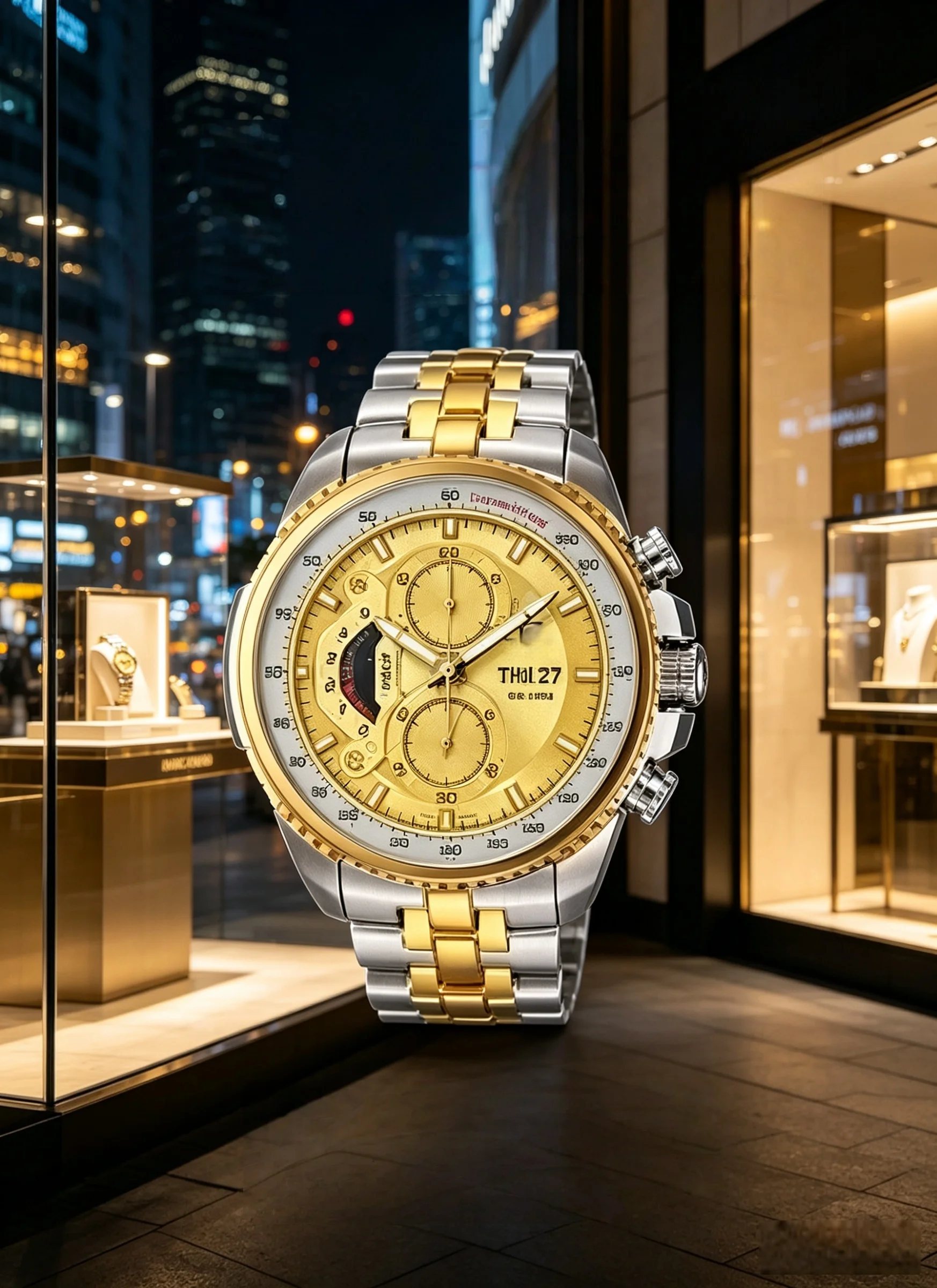 

Gold-tone men’s quartz watch with dual display, sporty dial design and date function