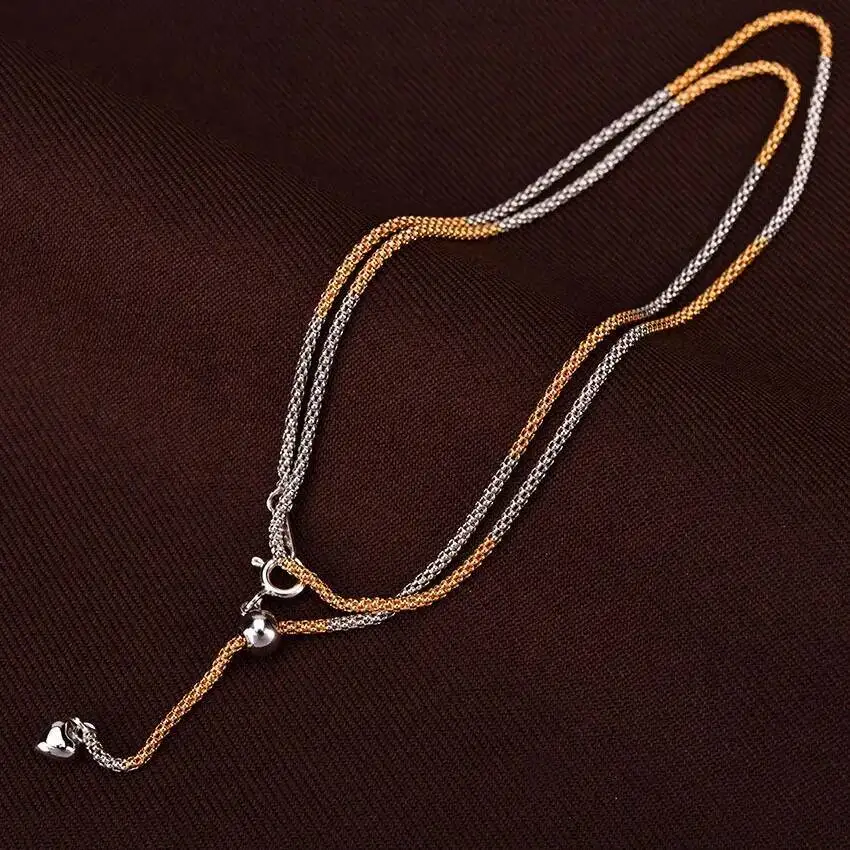

925 Silver Two Toned 1.7MM Slim Popcorn Chain Link Necklace Women Italian Jewelry Trendy Sparkly Stack 50cm Choker Necklaces