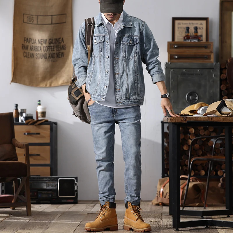 

Высококачественный светло-голубой мужской джинсовый комплект из джинсовой ткани и брюк, облегающая американская винтажная молодежная модная верхняя одежда на осень-весну