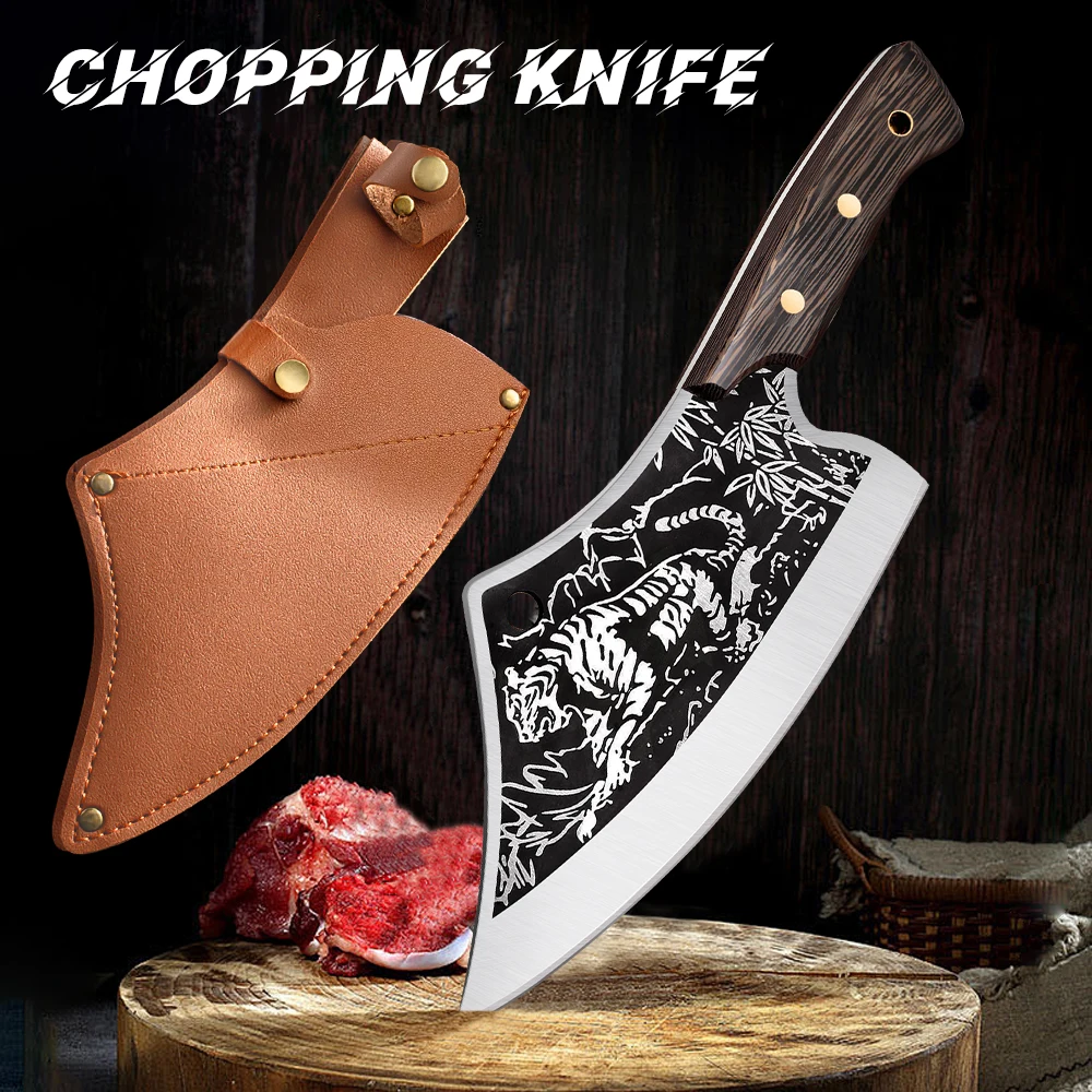 Forged Chopping knife 5Cr15 Stainless Steel Tiger Grain Kitchen Knife Sharp Blade Slicing Knife Meat Cleaver Kitchen Accessories