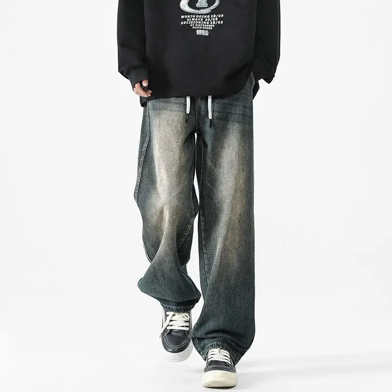 Men's Loose Jeans Washed Spring And Autumn Pants Straight Tube Loose Trendy High Street Casual Wide Leg Retro Blue Pants