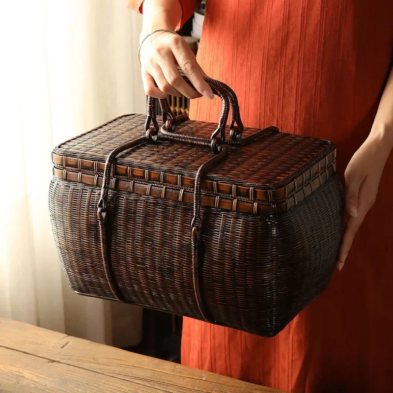 Portable Bamboo Woven Tea Set Storage Box Handmade Lacquer Craft Basket for Summer Travel Gift Traditional Chinese Style