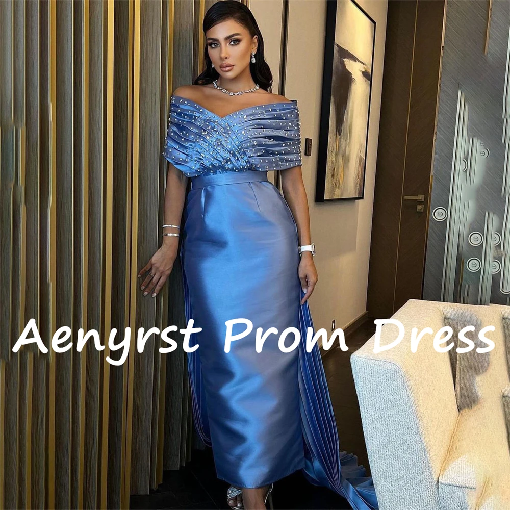 Aenyrst Off The Shoulder V Neck Saudi Arabia Prom Dresses Mermaid Satin Crystal Pleated Cocktail Gowns Ankle Length Party Dress