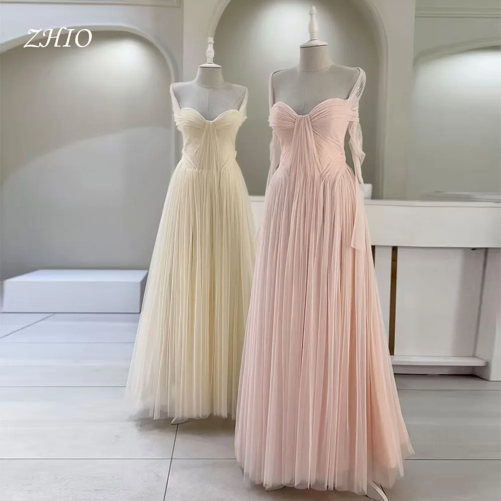 

ZHIO Blush Tulle Evening Dress Sweetheart Spaghetti Straps Draped A-Line Floor Length Wedding Party Dresses Prom Gown Customized