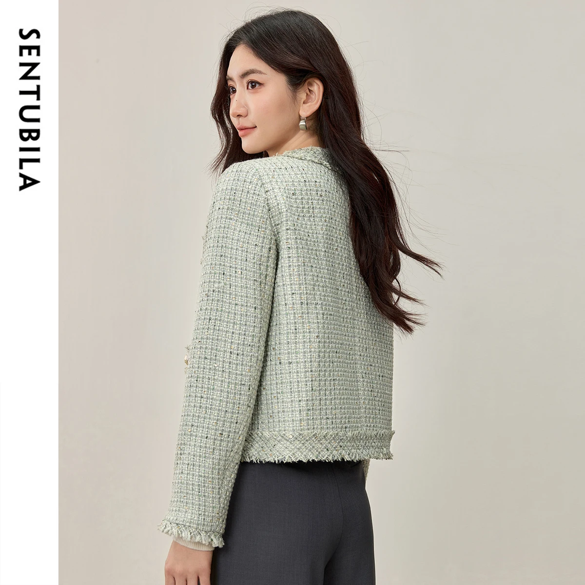 SENTUBILA Women's Elegant Tweed Jacket Pearl Button Long Sleeve Tassels Office Ladies Short Coat 2026 Winter Clothes 153WA2264