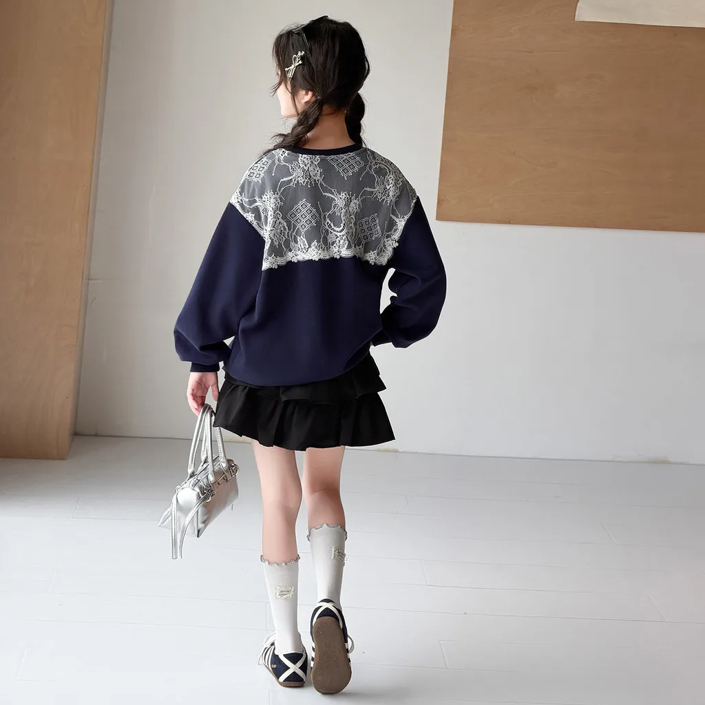 Girls Sweatshirt Lace Bow Print Autumn Cute Children Tops Dark Blue 2026 3