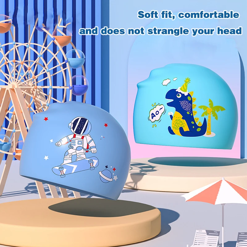 قبعة سباحة من السيليكون بطباعة كرتونية للأطفال ، حماية أذن مضادة للماء ، مطلية ، للأولاد والبنات