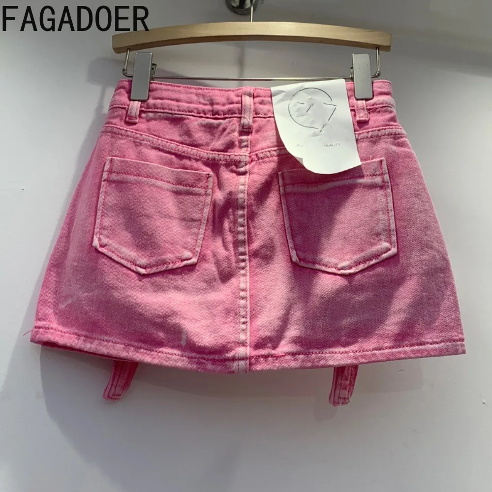 FAGADOER Pink Fashion Y2K Pocket Cargo Mini Denim Skirts Women High Waisted Button A-line Skirt Summer New Female Cowboy Bottoms