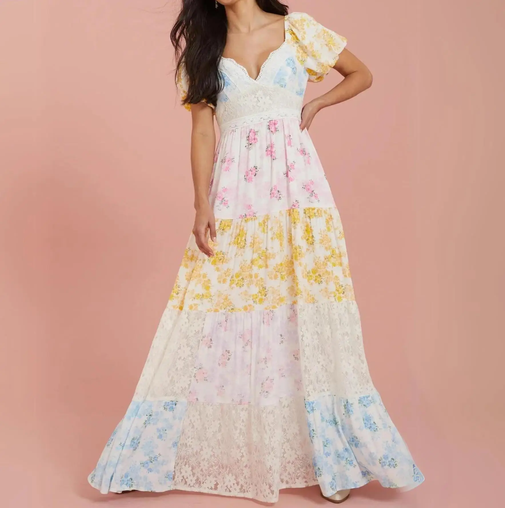 Nieuwe Dames Bloemenprint Lange Jurk Korte Pofmouwen V-hals Hoge Taille Flowy A-lijn Jurk Huidvriendelijk Hot Koop S M L