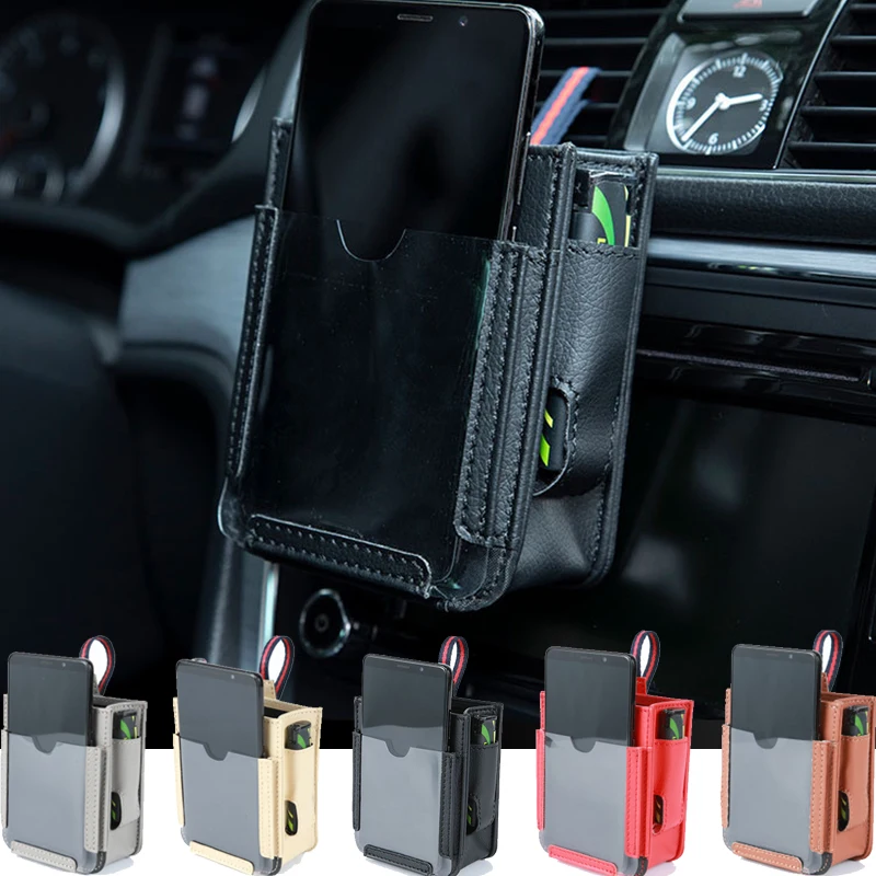 Car Air Outlet Pocket Leather Car Phone Storage Bag Multi-use Vehicle Organizer Cellphone Hanging Bag Auto Interior Accessories