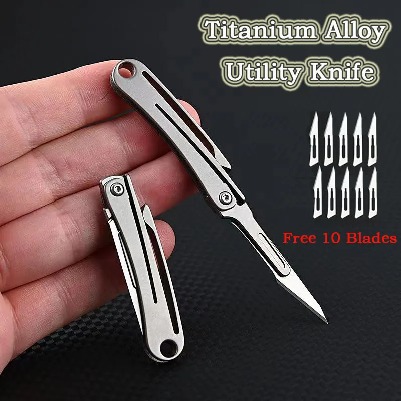 MINI Titanium Alloy Folding Scalpel Portable Key Buckle EDC Outdoor Unpacking Pocket Knife with 10pcs Replaceable Blades