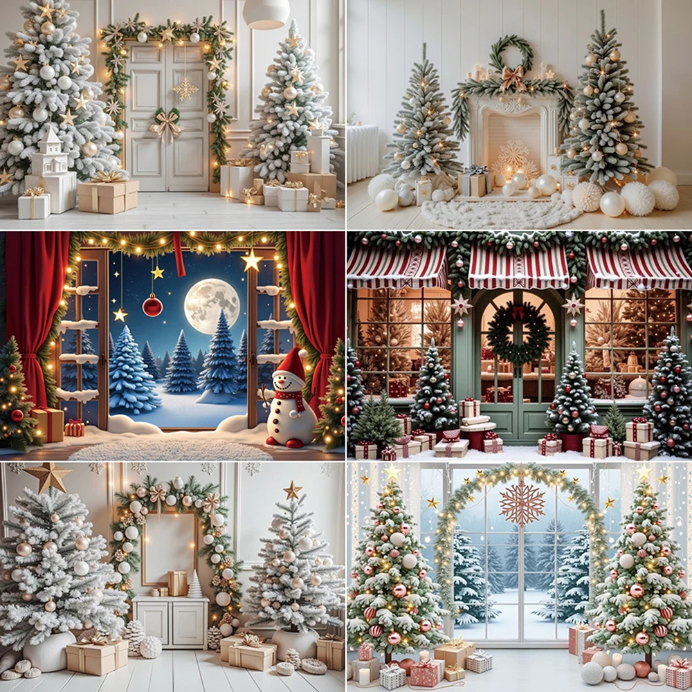 

MOON.QG 2025 Luxury Large Big Christmas Pine Tree Background Curtains Houses Photocall Backdrop Photography Studio Accessories