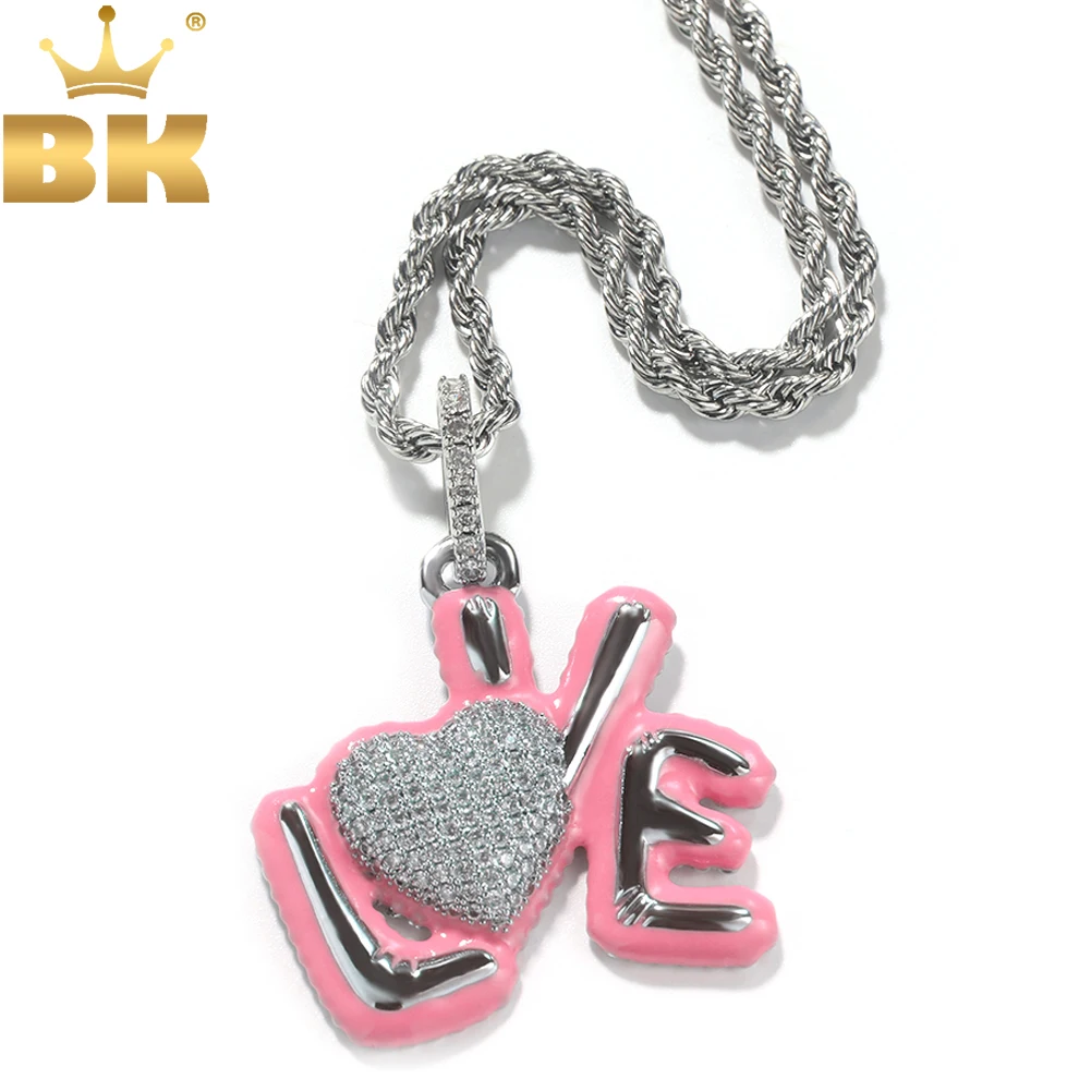 THE BLING KING Luminous Bubble LOVE Heart Pendant Iced Out Bling Cubic Zirconia Fluorescent Pink Blue Necklace Hiphop Jewelry