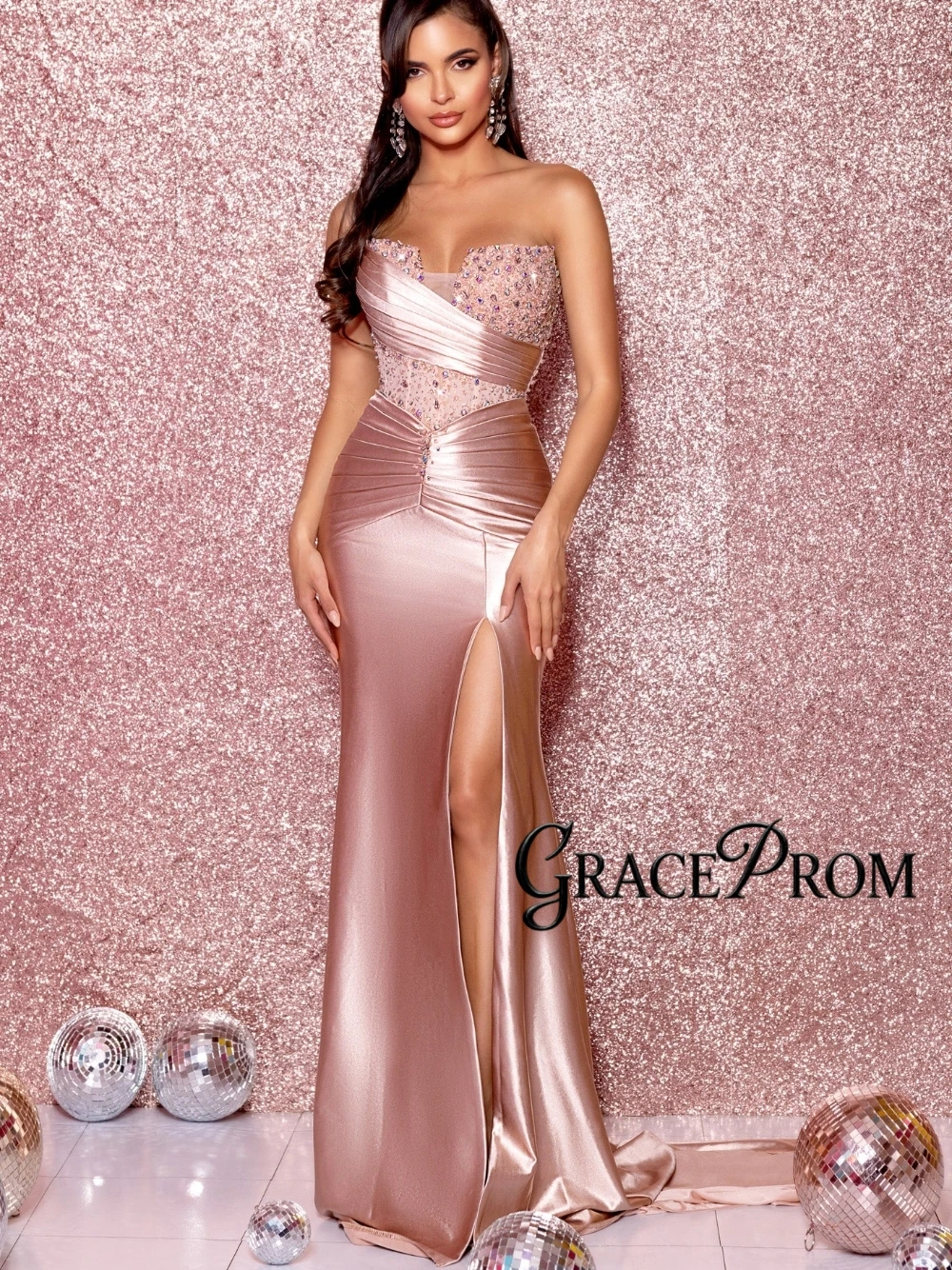 

Ruched Mermaid Pink Elegant Evening Dress Customized Crystals Sexy High Slit Cocktail Gown Classic Galas Delicate Prom Wear