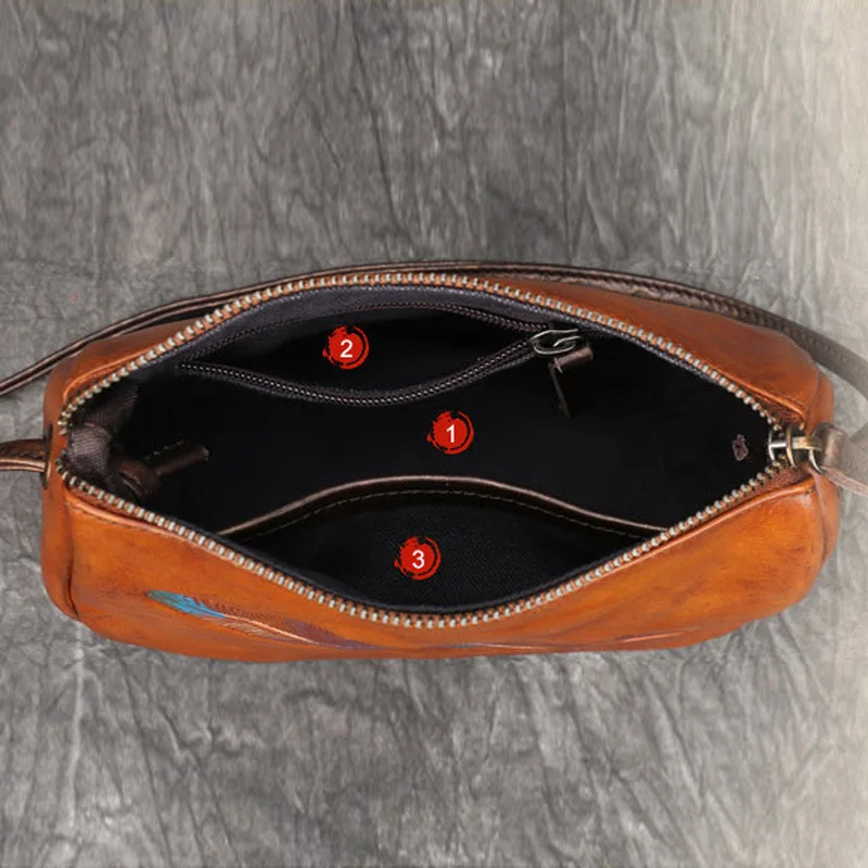 Unique Artistic Feather Embossed Small Zippered Shoulder Purse for Women Genuine Cowhide Leather Bag Vintage Crossbody Bags