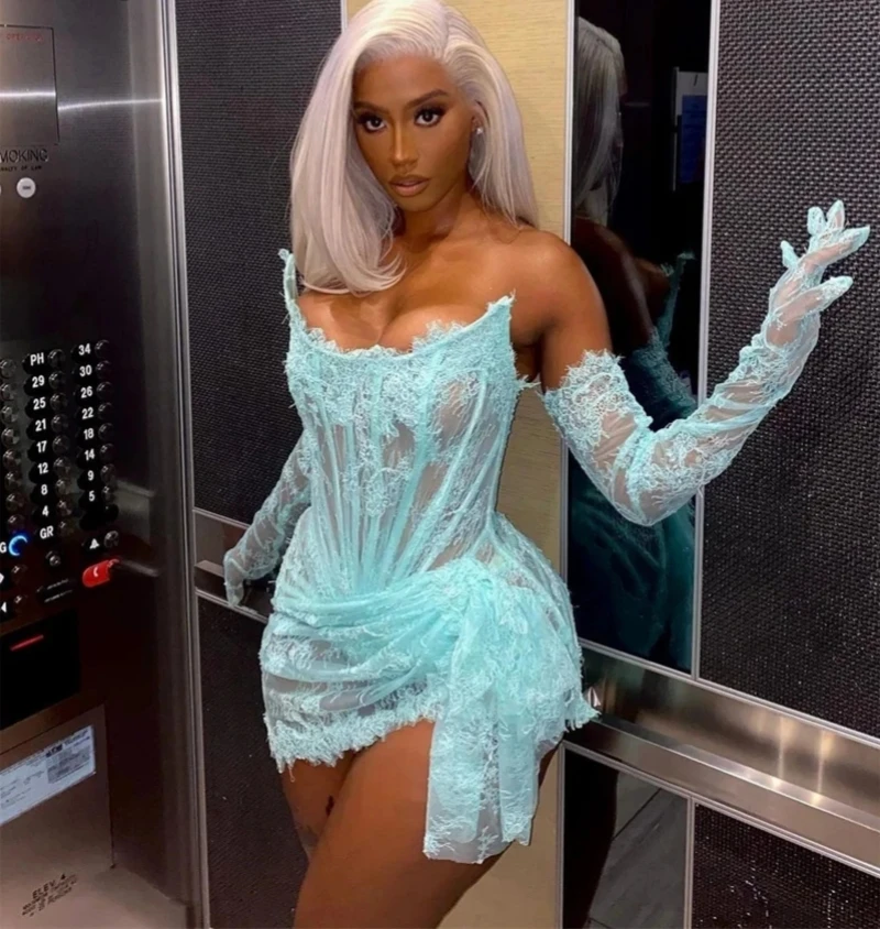 

Turquoise Lace South African Prom Dresses Sheath Short Mini Sexy Black Girls Nigeria Robe De Soiree Evening Dresses Gown