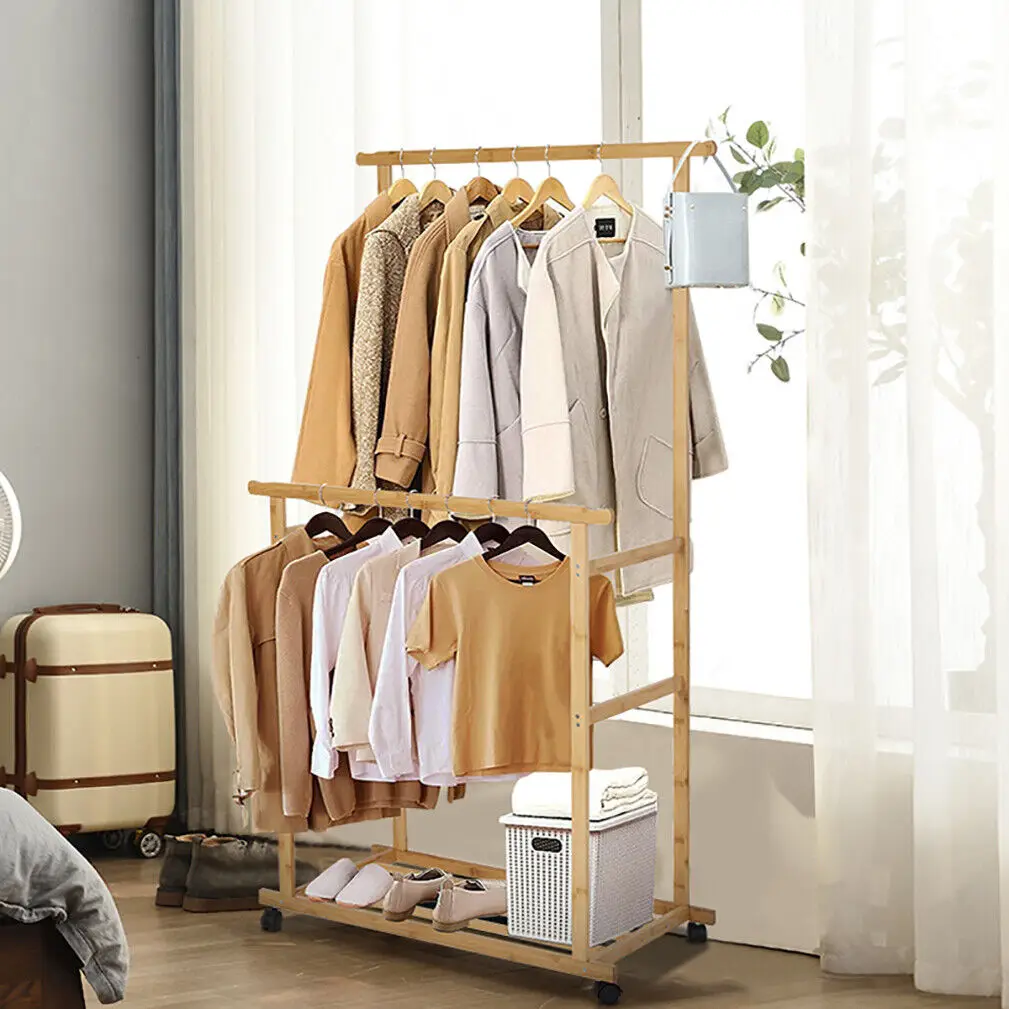 Clothes Rail Rack Bamboo Double Hanging Clothes Organizer on Wheels Free Standing Garment Rack with Storage Shelves Coat Rack