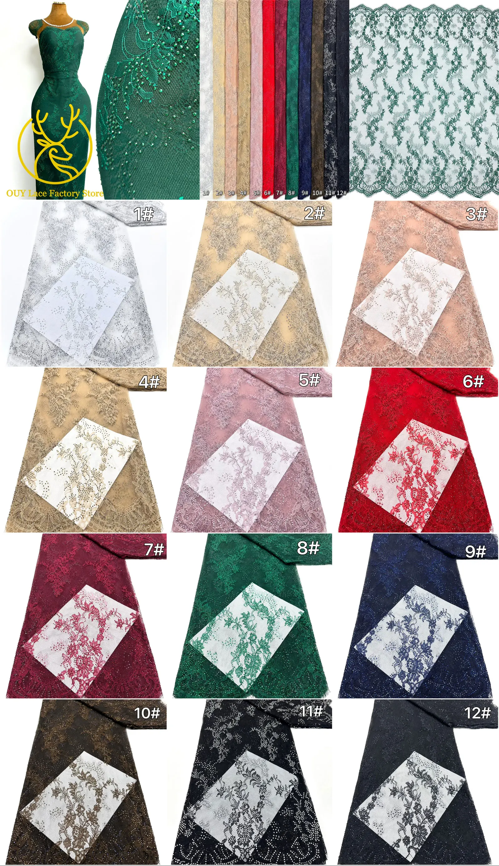 Neuer Stil Grüne Afrikanische Steinbestickte Spitze 3 Meter Französische Perlen-Pailletten-Spitze Nigerianischer Stoff für Damen-Abendkleider DIY Nähen – Detail 39
