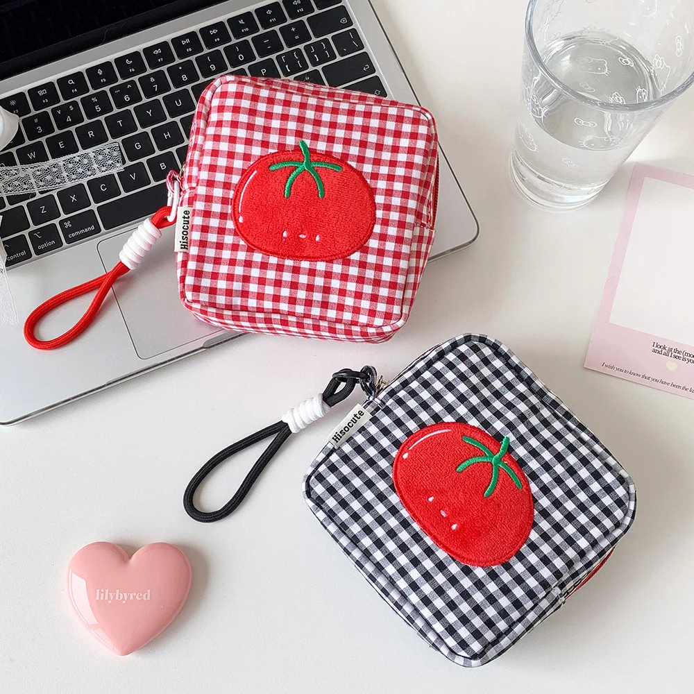 Tomato Plaid Storage Bag Square Portable Cosmetic Pouch Multifunctional Mini Organizer Bag CCD Camera Sanitary Napkin Lipstick