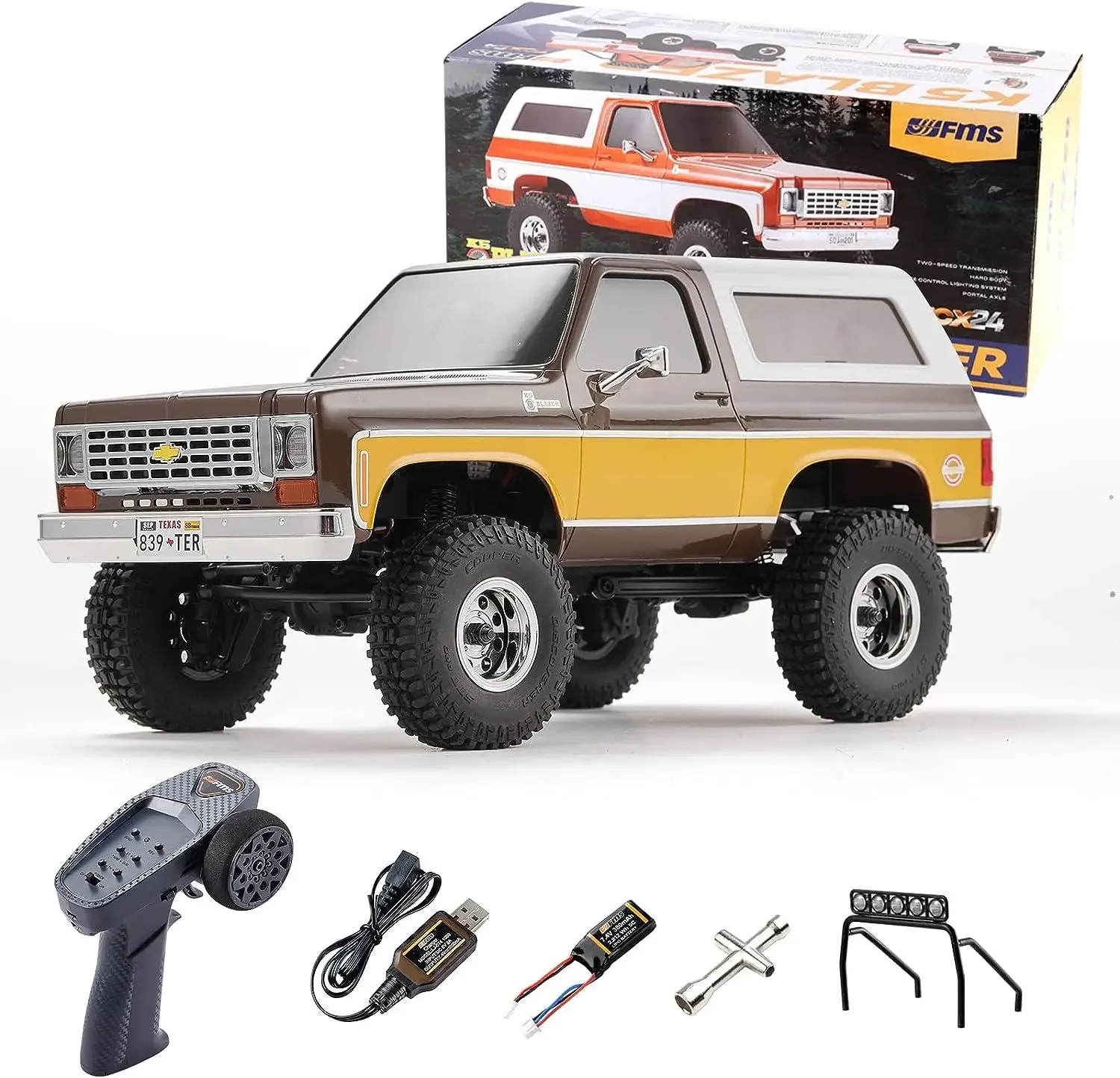 FMS 1/24 RC Crawler Officially Licensed K5 Blazer RC Car FCX24 RTR RC Pickup Truck 4WD 2.4GHz Remote Control Car Brown