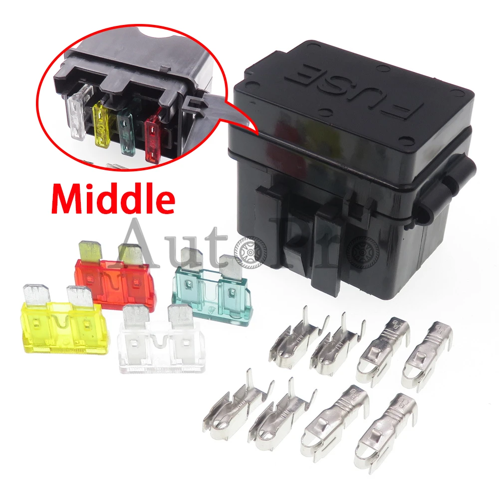 

1 Set 4Ways Standard AC Assembly Blade Type Circuit Controller Box Middle Black Car Plastic Housing Fuse Holder With Terminal