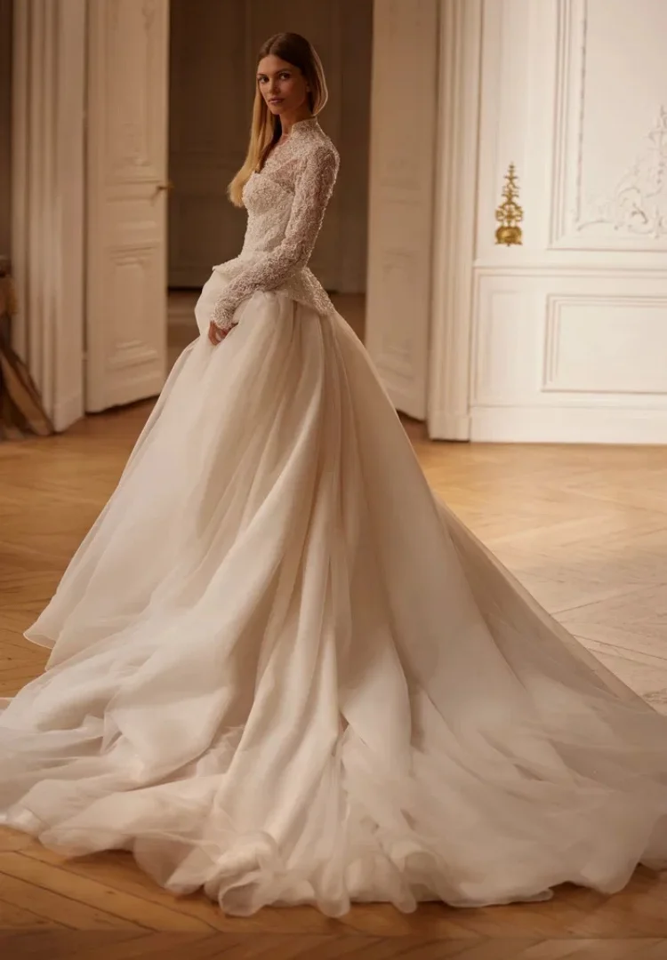 Abiti da sposa in pizzo Abito da ballo per la sposa Abiti 2 in 1 Desmontabile Boda Manica lunga Lusso 2025 De Novia Princesa Alta Costura