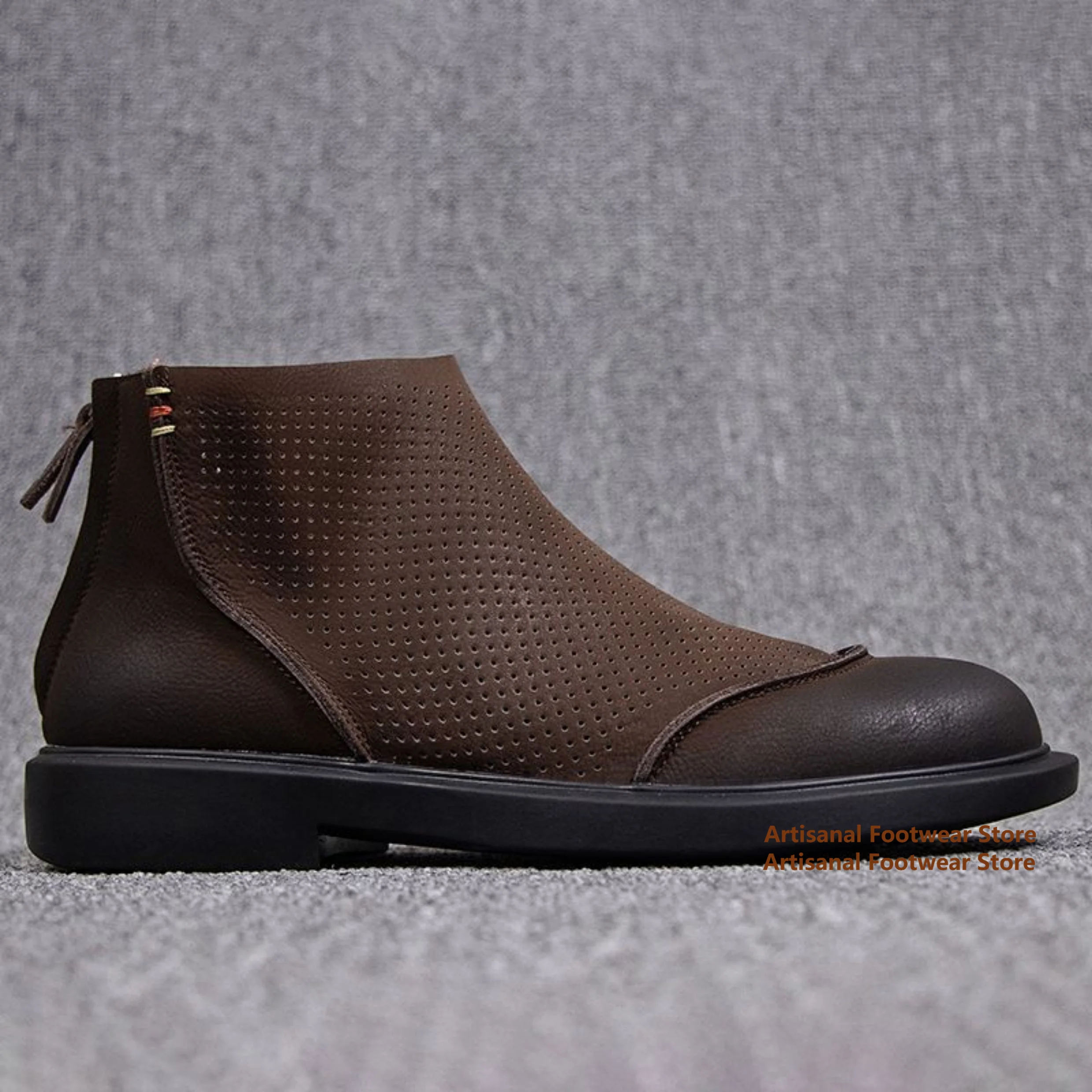 Men Brown Perforated Breathable Leather Ankle Boots Back Zipper Slip-On Round Toe Soft Leather Booties for Autumn Men's Boots