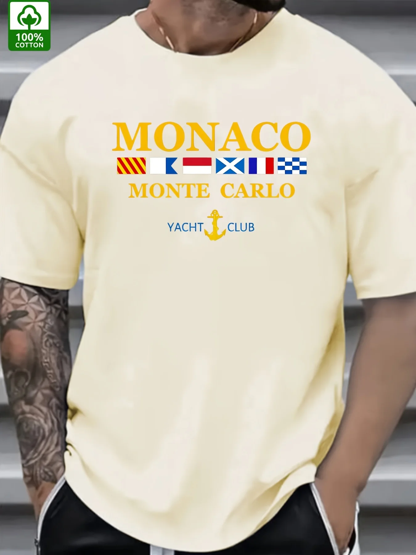 Summer Trend Men's Cotton T-Shirt MONACO Alphabet Flag Style Pattern Printing Outdoor Wear Men's Fashion Cotton T-Shirt