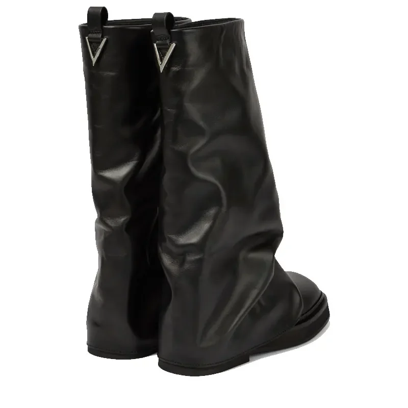 Women's Leather Thick Soled Flat Bottomed Knee High Boots, Square Toe Mid Length Boots, Plus Size Pleated Pants and Leg Boots