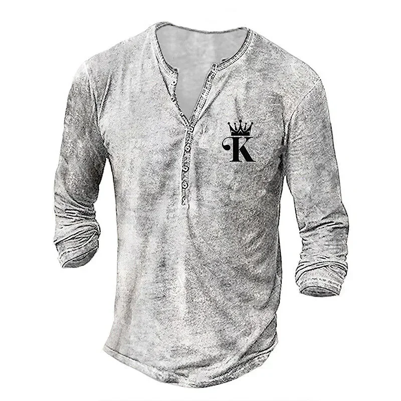 Men\'s Henley Shirt Pokker K Graphic Long Sleeve Tops T-Shirts Spring Autumn Imitation Cotton Button-Down T Shirt Street Wear Tee