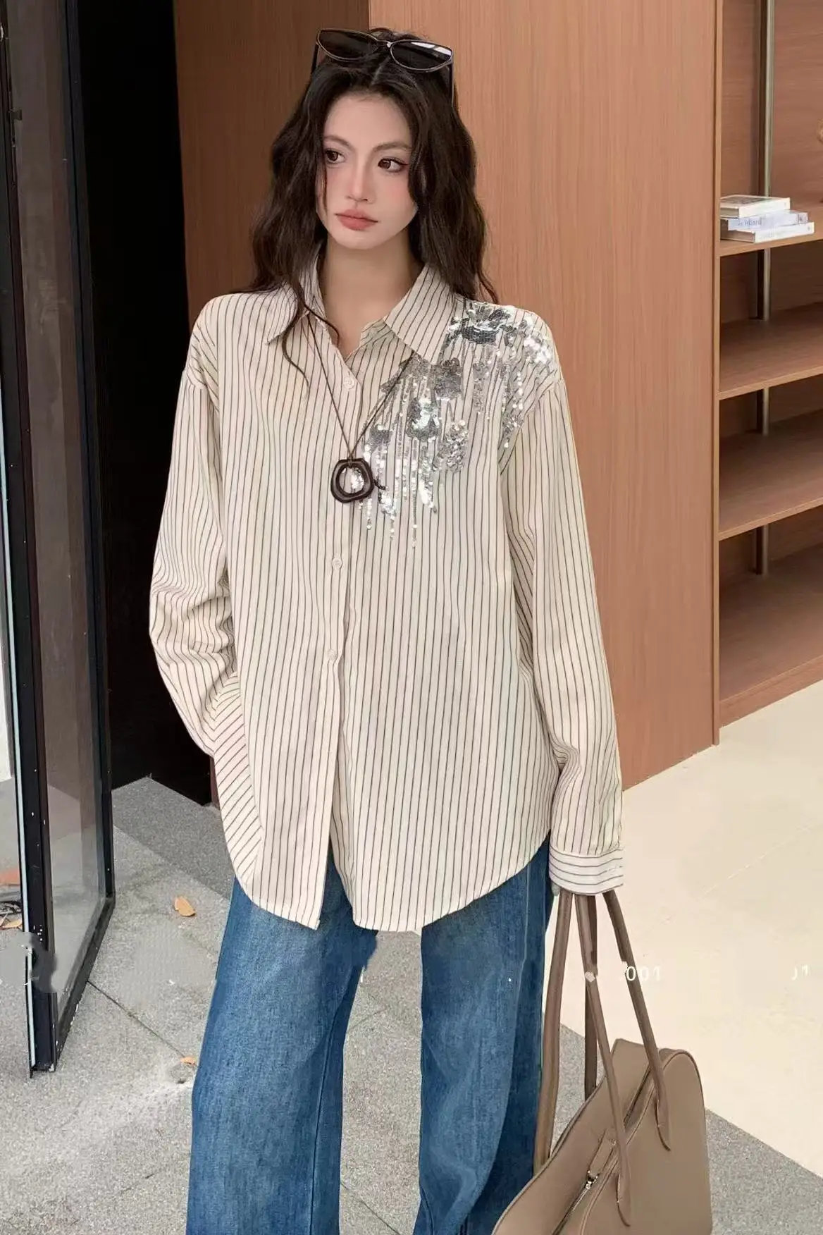 تصميم فاخر بلينغ الترتر التطريز الاتجاه 2025 قمصان البلوزات النسائية طويلة الأكمام فضفاضة بلايز عادية ملابس امرأة #6