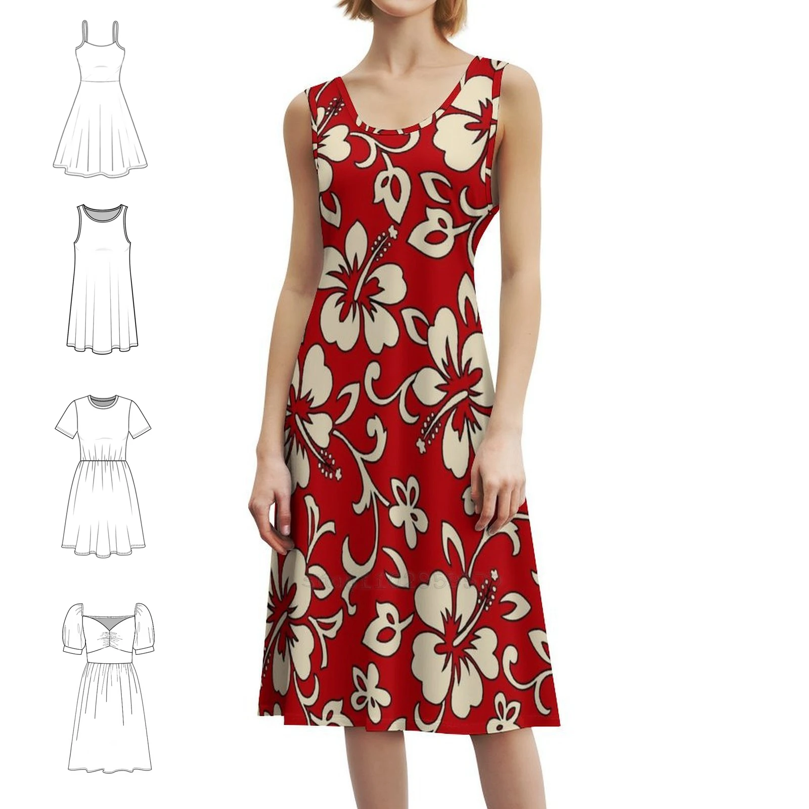 ماليا هاواي الكركديه قميص طباعة الأحمر فستان بفتحة عنق على شكل قلب أنيق الصيف فستان الحفلات للنساء الكركديه الأزهار هاواي #1