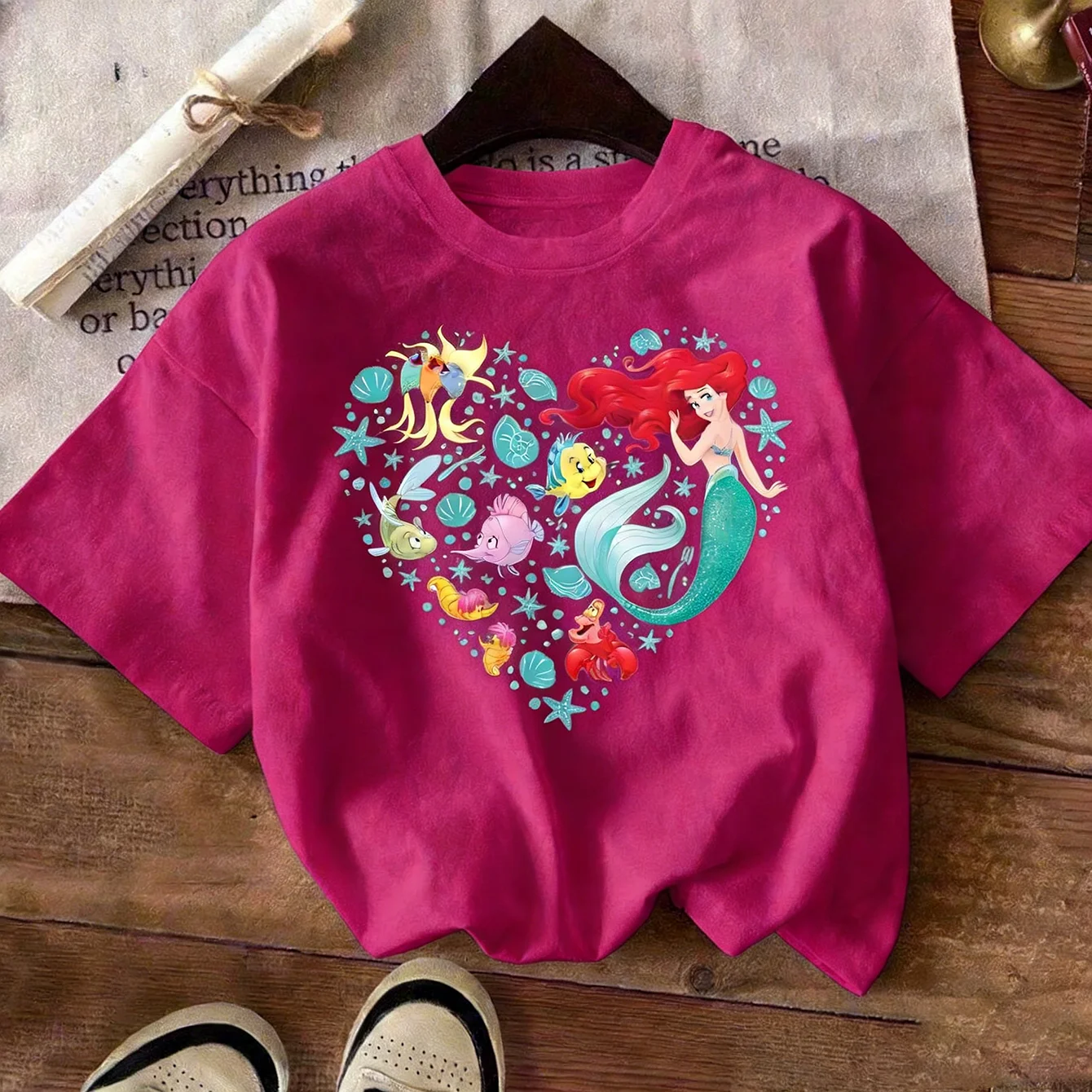 

Little Mermaid Girl Print Summer Cotton T-Shirt for Children - Comfortable Loose-Fitting Short Sleeve for Girls - Disney