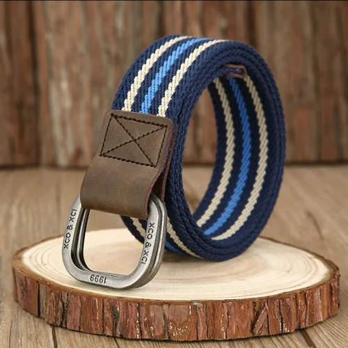 Imagen 2 del producto Cinturón táctico de lona con hebilla de doble anillo para hombre, accesorio de moda informal, sencillo y combinable con todo, para Jeans, deportes al aire libre, cinturilla para jóvenes
