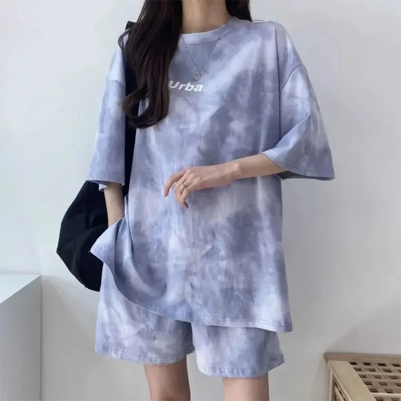 2024 Summer Women Clothing Set Short Sleeve Tshirt+Shorts 2Pcs Camouflage Tie-Dyed Loose Tees Tops Sports Casual Suit New