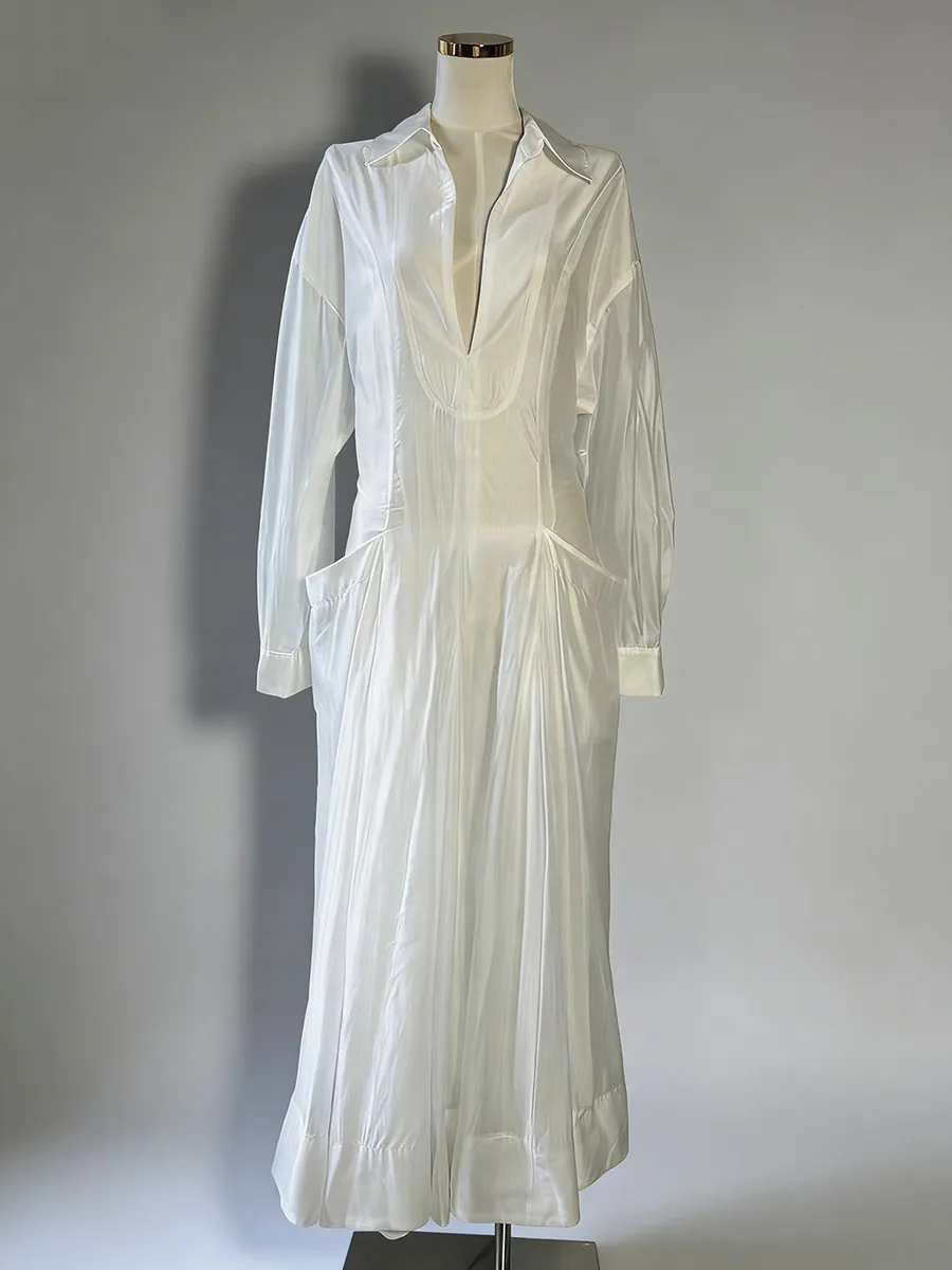 Twotwinstyle sólido sheer emendado bolsos vestidos minimalistas para mulheres com decote em v mangas compridas túnica design sentido vestido feminino novo