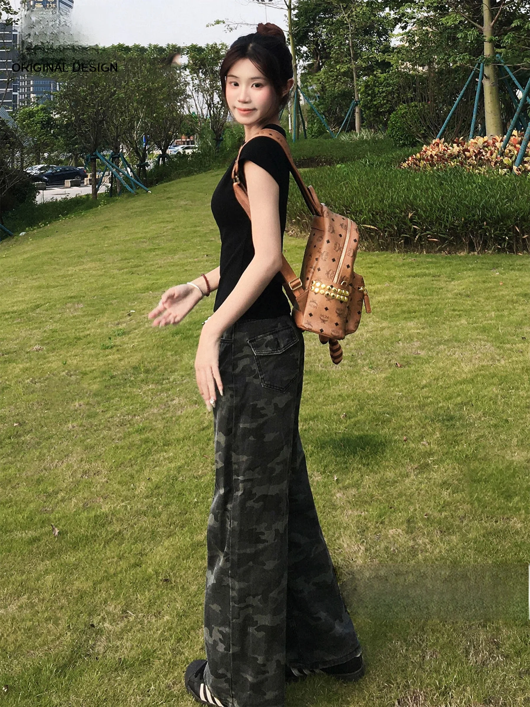 

Американские джинсы-карго в стиле High Street, камуфляжные, широкие, женские, летние, новые, с высокой талией, свободные, прямые брюки