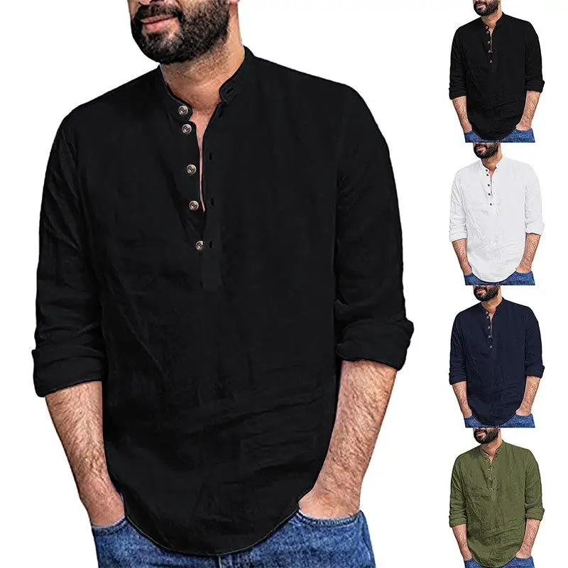 

Mens Trendy Stand up Collar Cotton Linen Shirt Long Sleeve Simple Style Pure Color Button up Casual Business Fashion Shirt